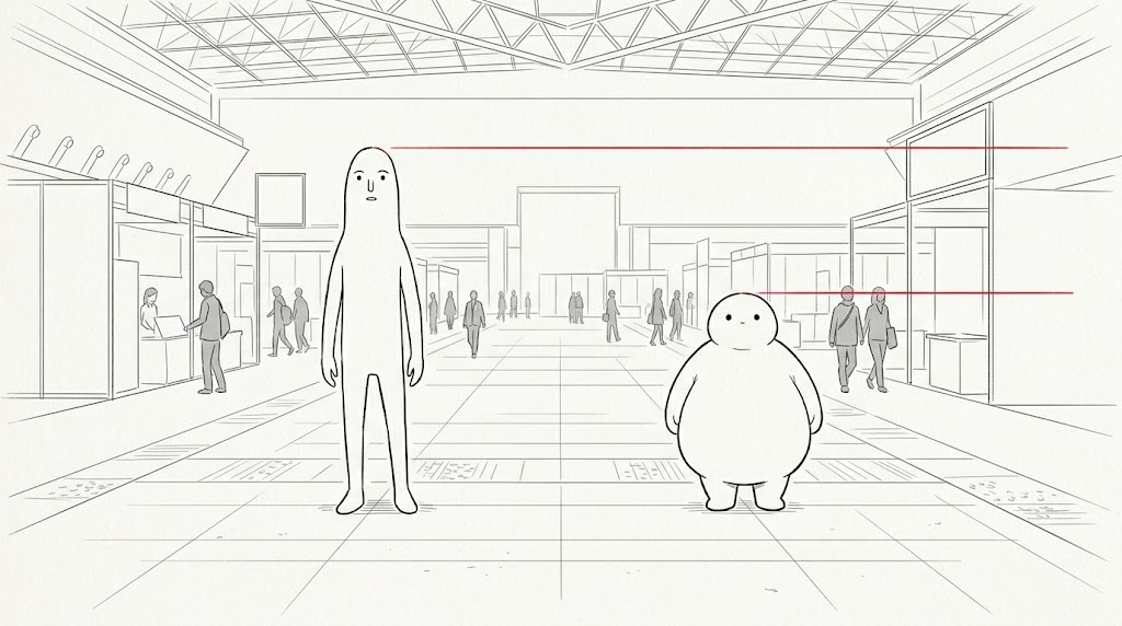 背の高い着ぐるみと背の低い着ぐるみが並び、それぞれの頭の高さに線が引かれている