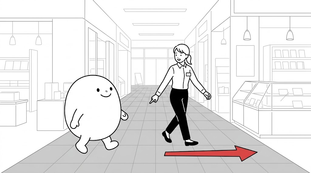控室から会場へ向かう着ぐるみの前を歩き、足元を指さしているスタッフ