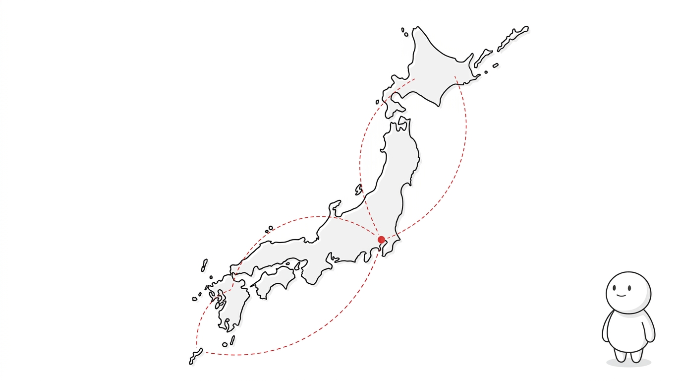 日本列島の線画の上に、東京から各地へ伸びる点線と、着ぐるみのキャラクターが描かれている