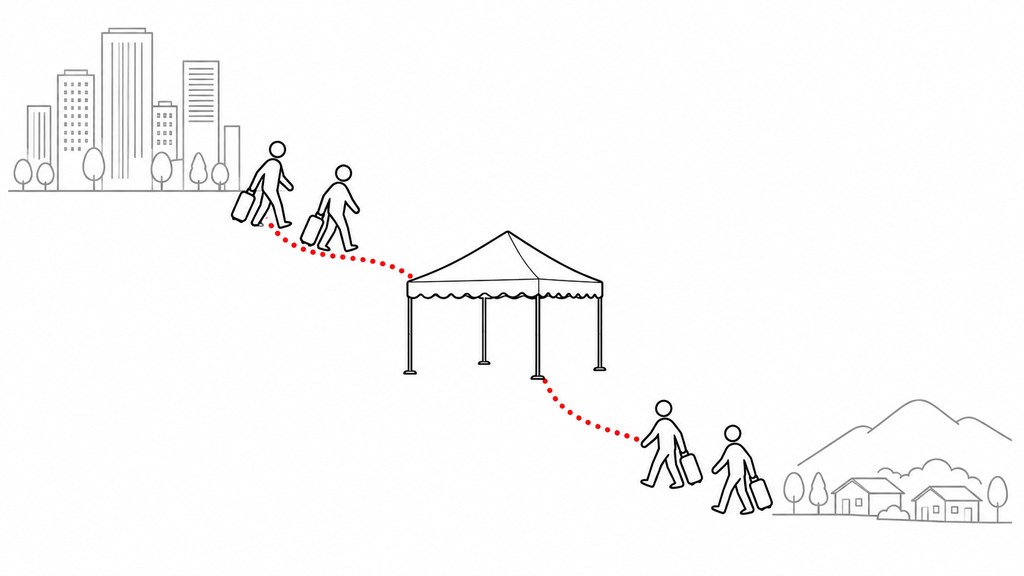 東京と地方の2か所から、会場に向かって人が集まってくる線画