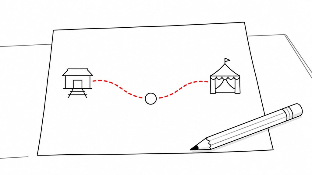 集合場所と会場の位置が描かれた手書きのメモの線画