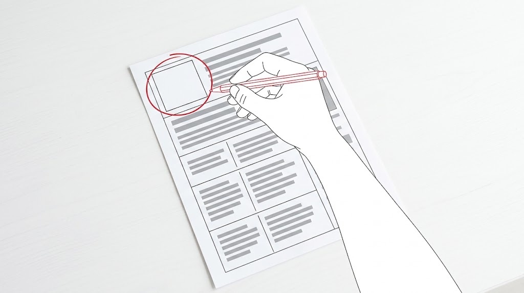 イベントのチラシの校正刷りに、キャラクターの掲載位置を書き込んでいる手元