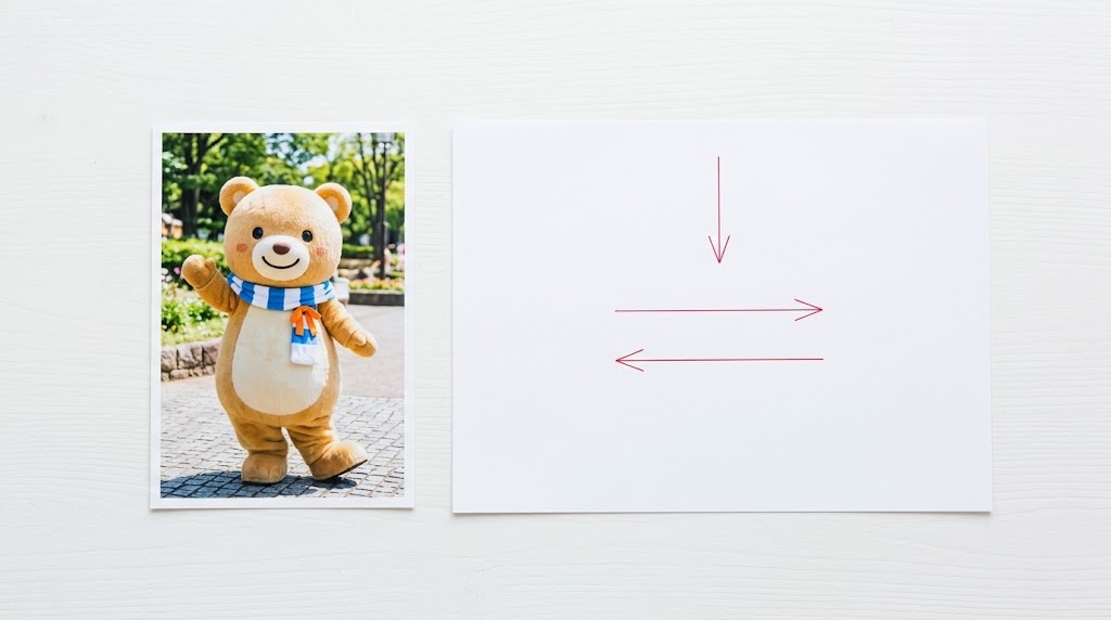 着ぐるみの全身写真と、高さや肩幅の位置に矢印を引いた紙