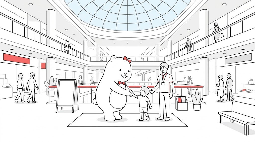 商業施設のイベント広場で、来場者と握手をするキャラクターと、そばに立つスタッフ