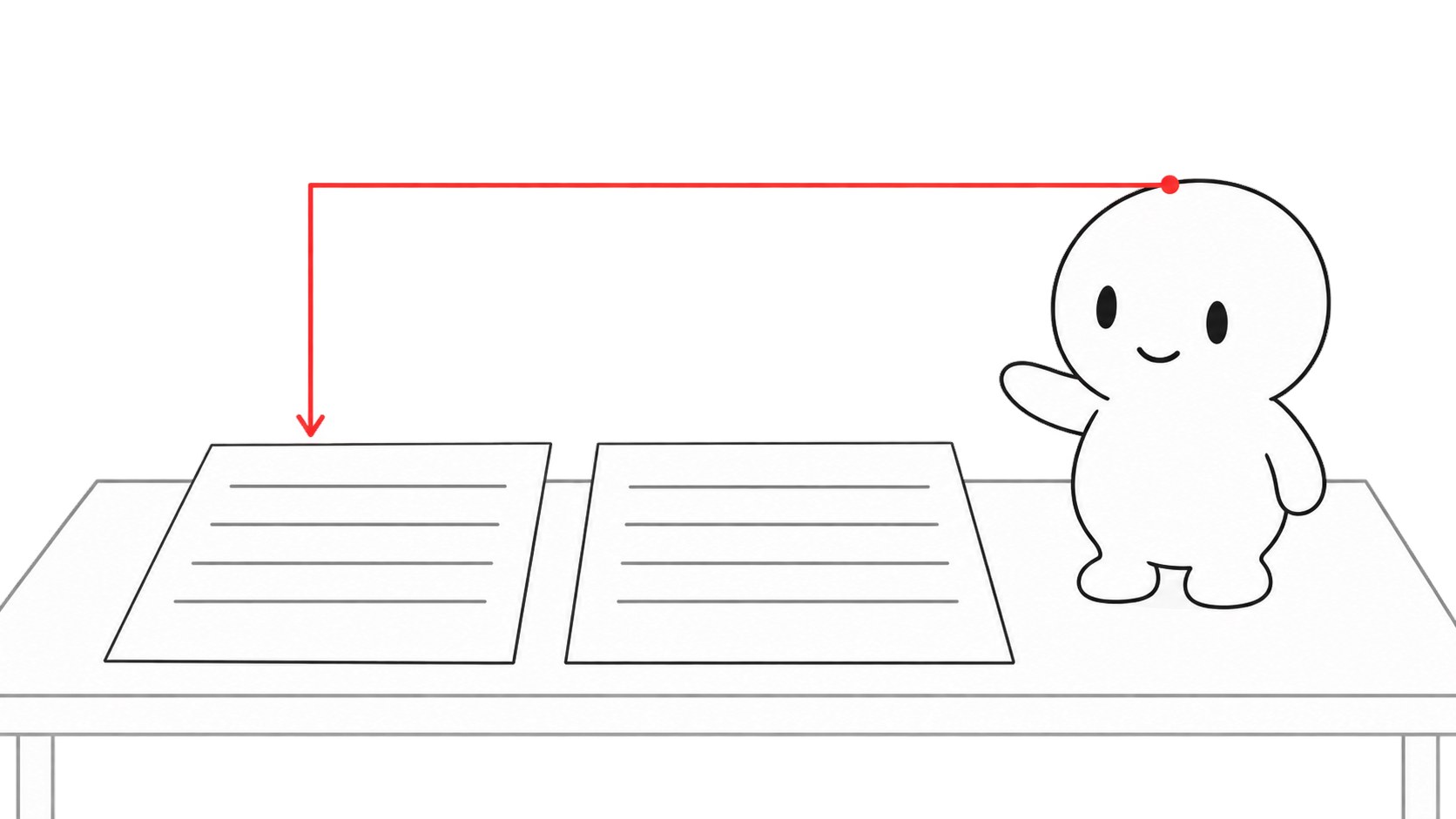 机の上に、見積書の線画が2枚並び、その横に着ぐるみのキャラクターが立っている