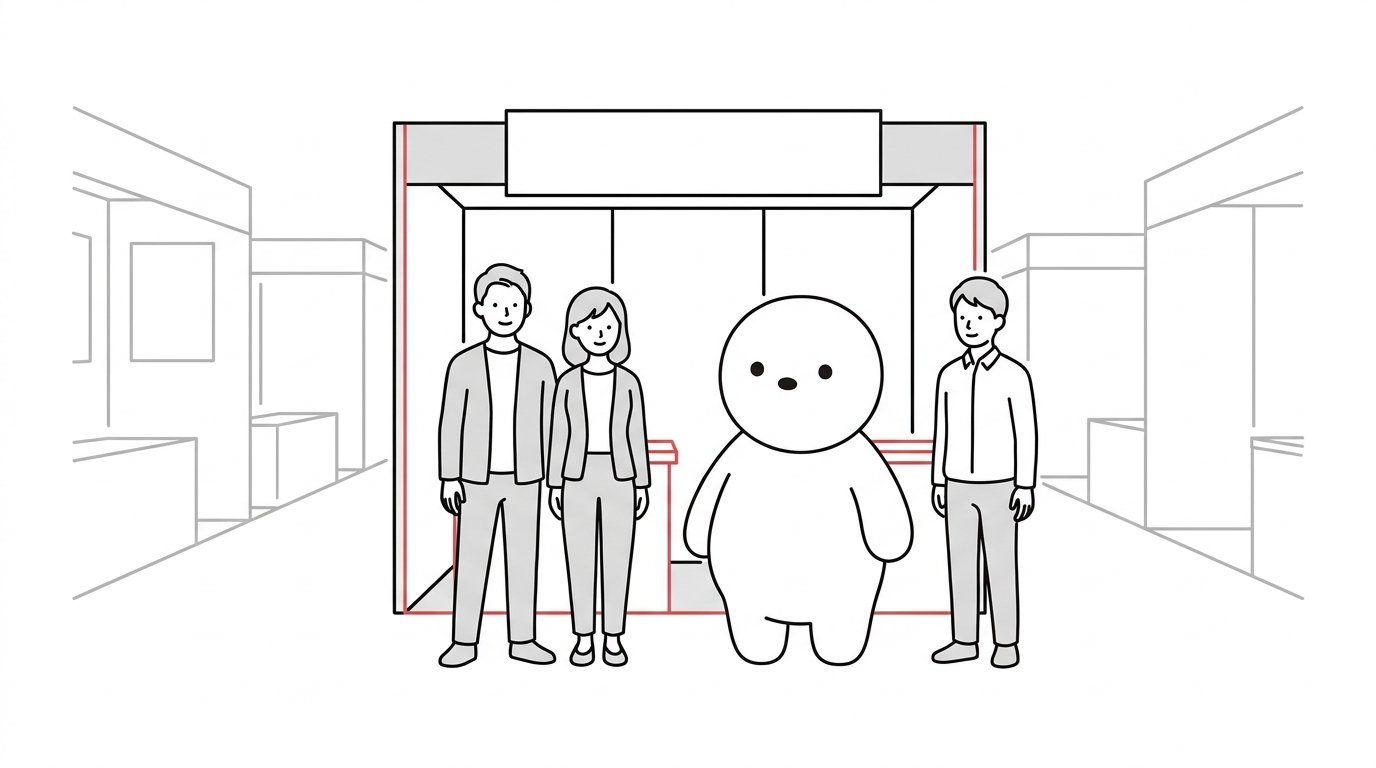 展示会場のブースの前で、来場者2人とキャラクターが並び、そばにスタッフが立っている線画