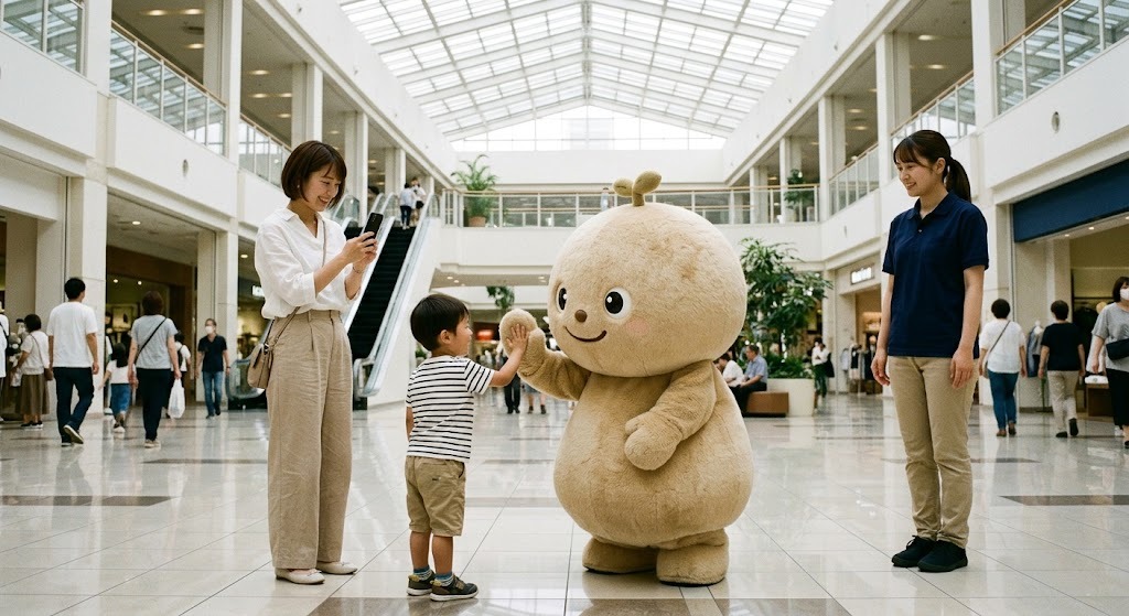 商業施設の吹き抜けでのグリーティング。着ぐるみキャラクターと来場者の子ども