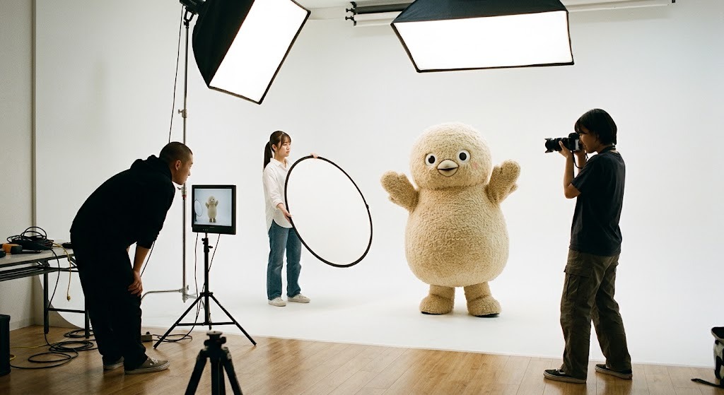 撮影スタジオでカメラの前に立つ着ぐるみキャラクターと撮影スタッフ