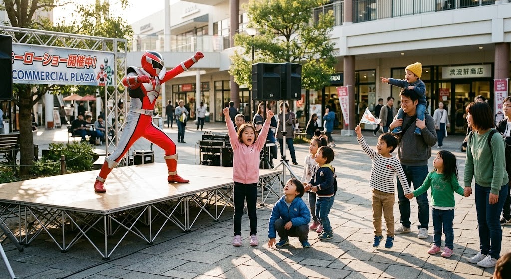商業施設の広場でのヒーローショー本番と客席の子どもたち
