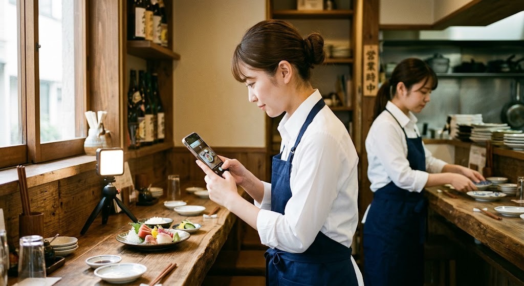 飲食店の店内でスマートフォンを構えて料理を撮影するスタッフ