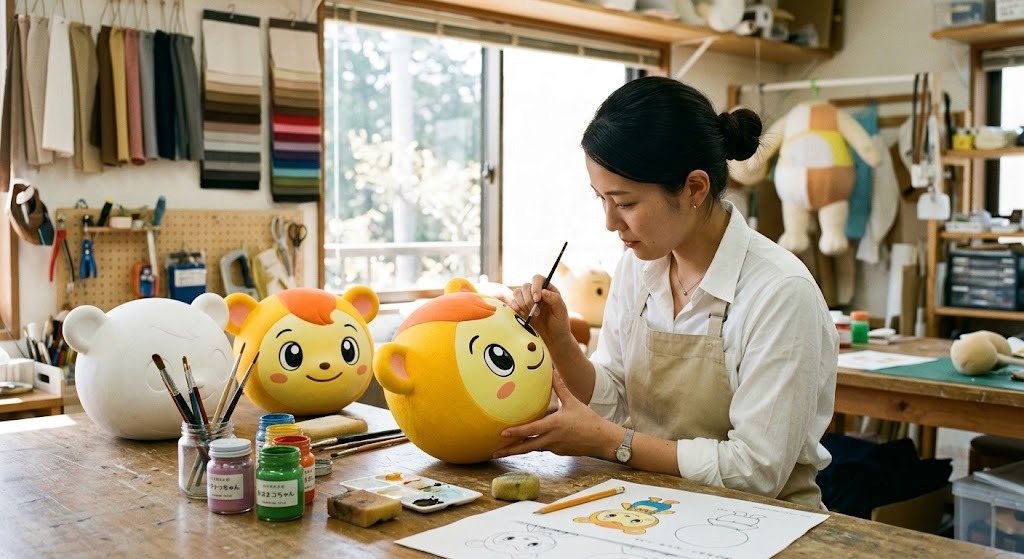 明るい工房でゆるキャラの頭部に彩色する若い造形師