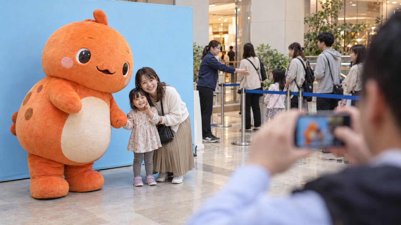 商業施設の一角に置いた撮影用のパネルの前で、ご当地キャラクターの着ぐるみと親子が並んで記念撮影をしている。奥に待機の列と案内のスタッフ