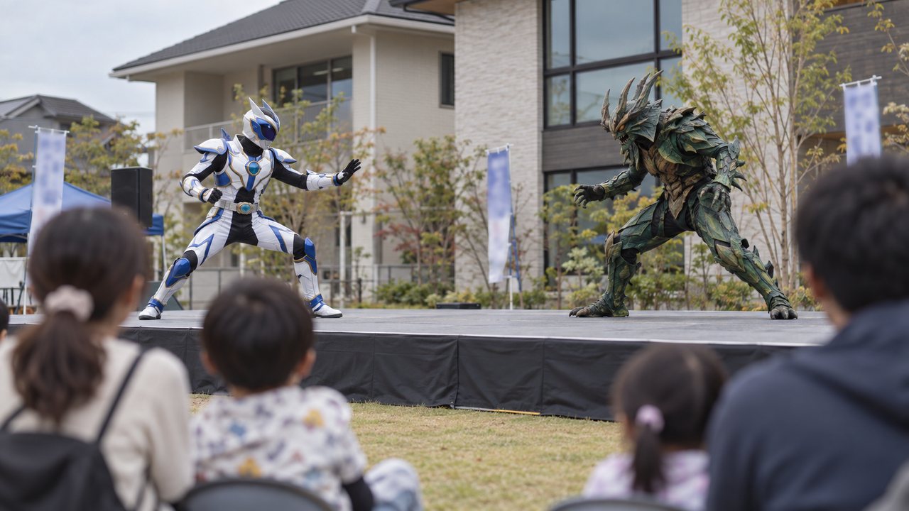 住宅展示場の芝生の広場に置いた仮設ステージで、ヒーローと怪人が向き合って身構えている。手前で親子が見ている