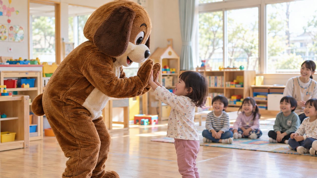 保育園の遊戯室で、いぬのキャラクターが園児とハイタッチしている。奥に座った園児と先生